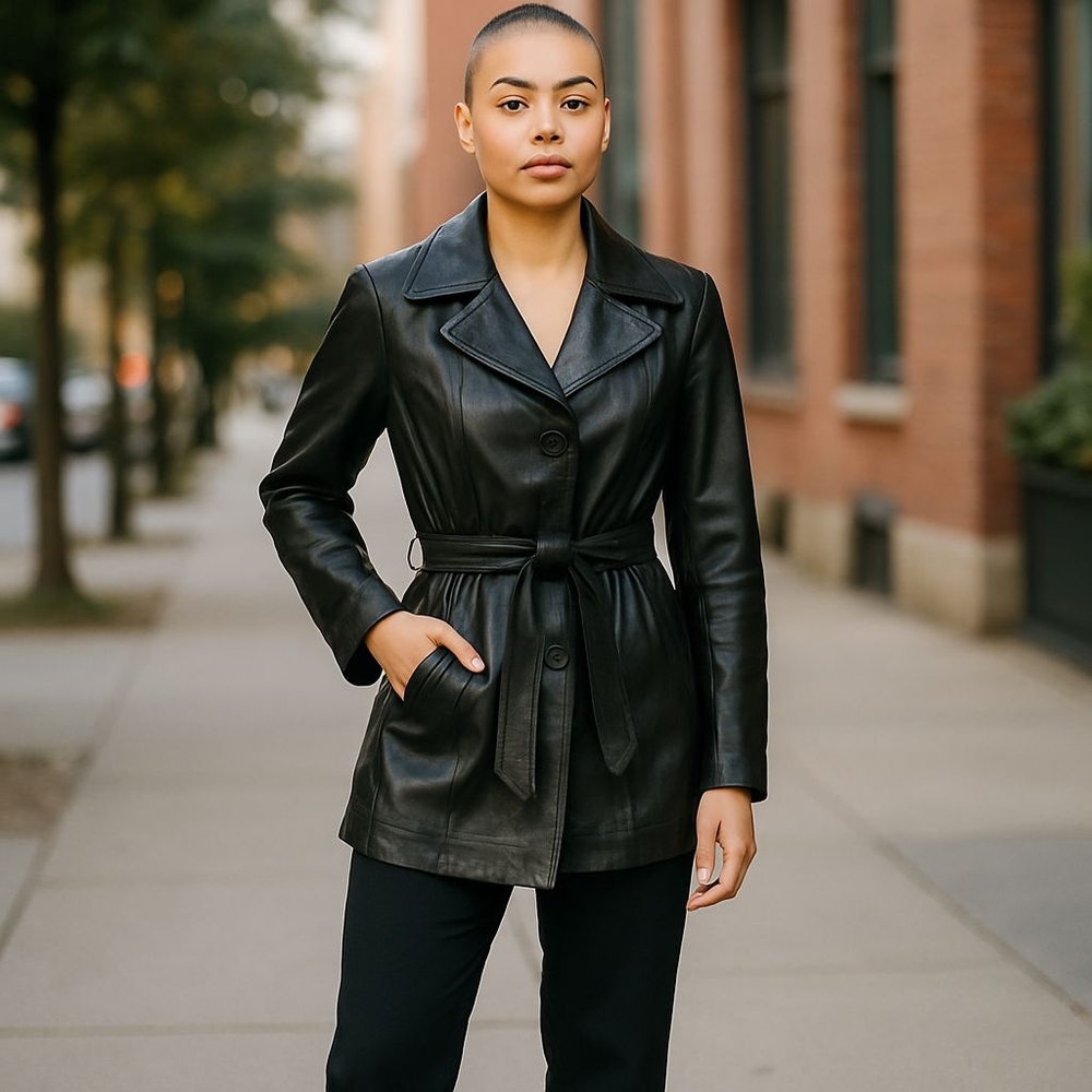 Elegant Ellen Tracy Black Leather Belted Jacket